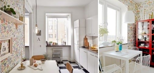 Papel pintado en el interior de la cocina en estilo escandinavo.