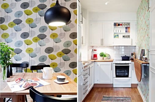 Papel pintado en el interior de la cocina en estilo escandinavo.