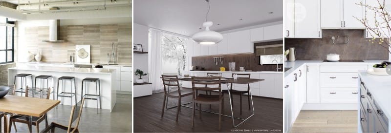 La combinación de materiales artificiales y naturales en la cocina en estilo moderno.