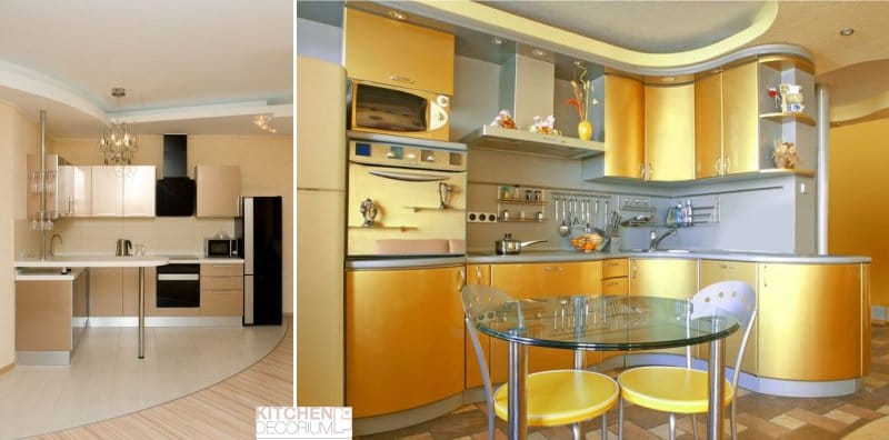Projeto de um teto de gesso cartonado de dois níveis em uma cozinha pequena e média