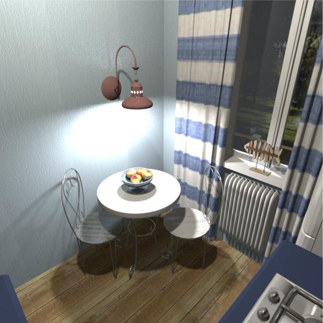 Concevez une petite cuisine bleue dans un style nautique.