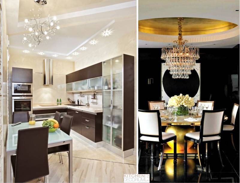 Teto de gesso cartonado na cozinha - design e iluminação