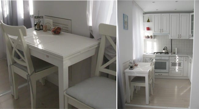 Cuisine 5,7 mètres carrés avec une porte coulissante - une vue générale de la cuisine avec coin repas Cuisine 5,7 mètres carrés avec une porte coulissante - une vue générale de la cuisine avec coin repas