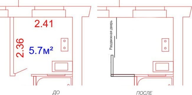 Cuisine 5.7 sq. M. Avec porte coulissante - plan de cuisine avant et après réparation Cuisine 5.7 sq. M. Avec porte coulissante - plan de cuisine avant et après réparation