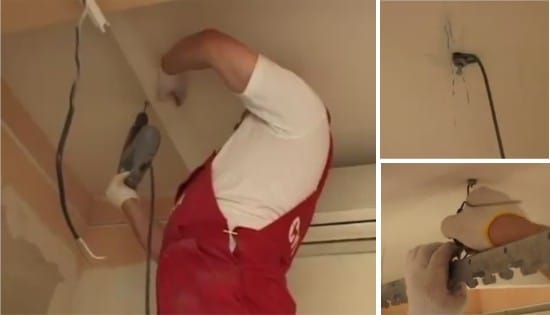 Instalação do teto do rack na cozinha - a fixação atravessa as suspensões Instalação do teto do rack na cozinha - a fixação atravessa as suspensões