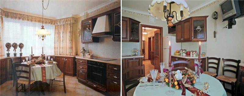 Cozinha com armários sob a bay window trapezoidal na casa da série П-44Т