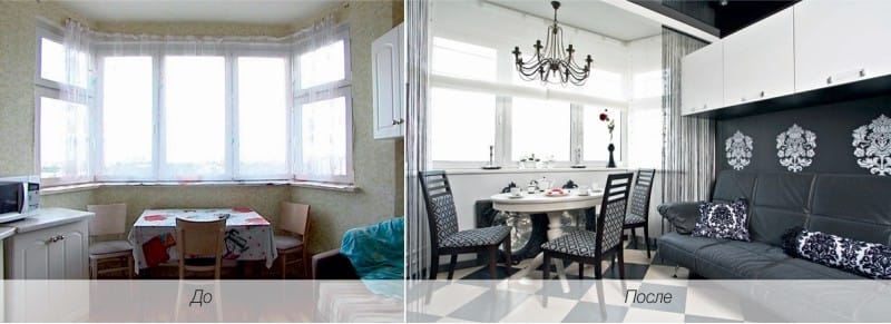 Cozinha com bay window trapezoidal na casa da série П-44T - antes e depois