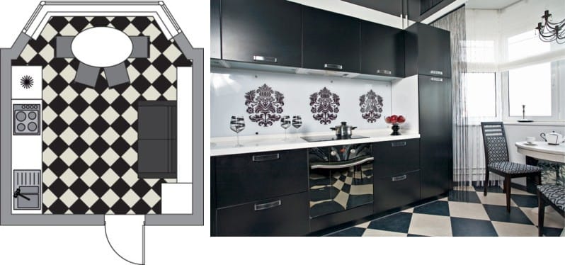 Cozinha com bay window trapezoidal na casa da série П-44Т