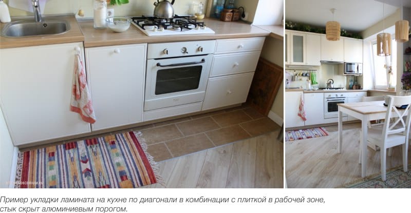 Lægning af laminat diagonalt i køkkenet i kombination med fliser i arbejdsområdet