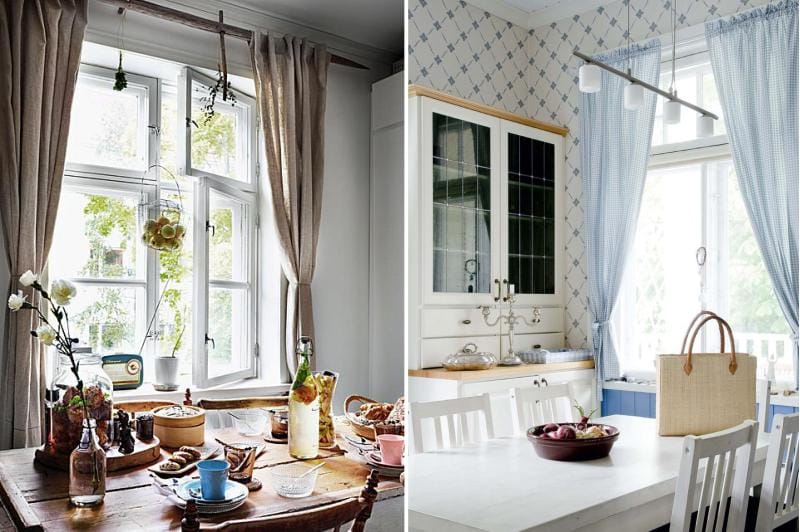 Gardiner i køkkenet i landlig stil