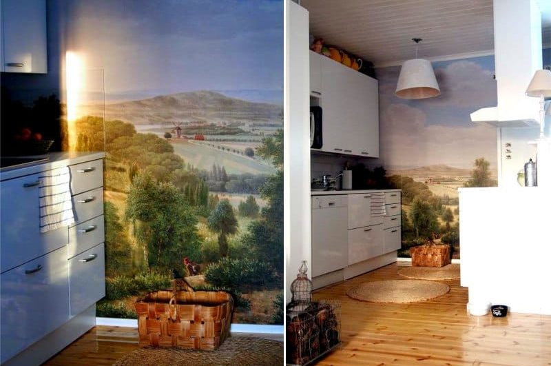 Photowall-papir med et landskab i et køkkeninteriør