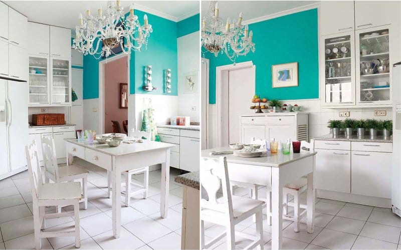 Cocina blanca con pared de acento azul.