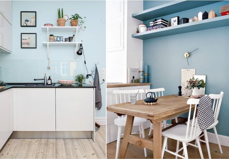 Paredes azules en el interior de la cocina.