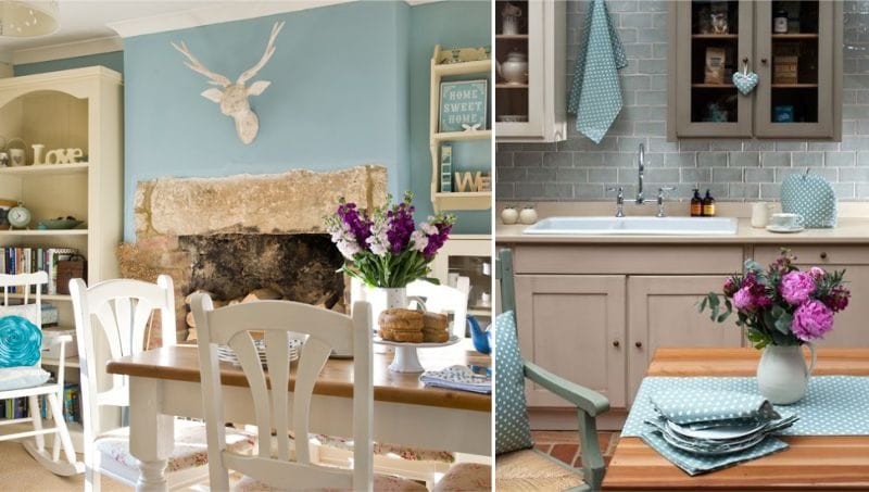 La combinación de beige y azul en el interior de la cocina y el comedor.