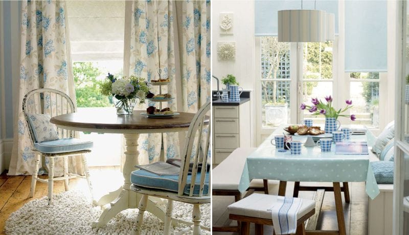 La combinación de beige y azul en el interior de la cocina y el comedor.