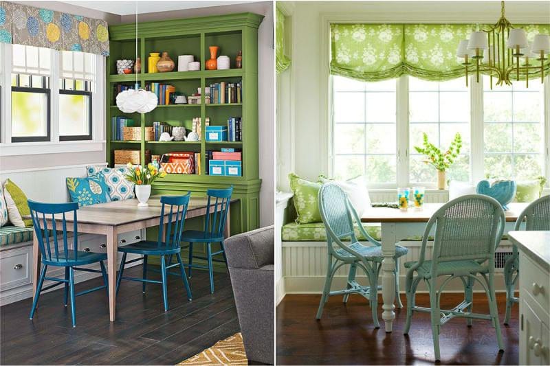 La combinación de azul y verde en el interior de la cocina.