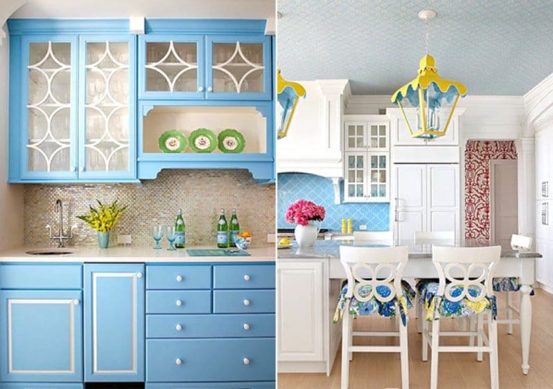 Amarillo y azul en el interior de la cocina.