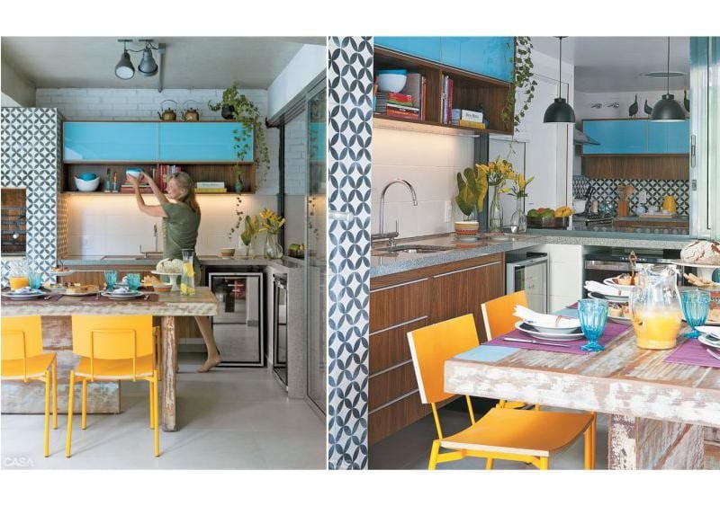 Amarillo y azul en el interior de la cocina.