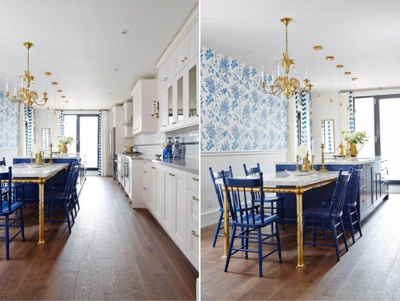 Witte en blauwe keuken met gouden details