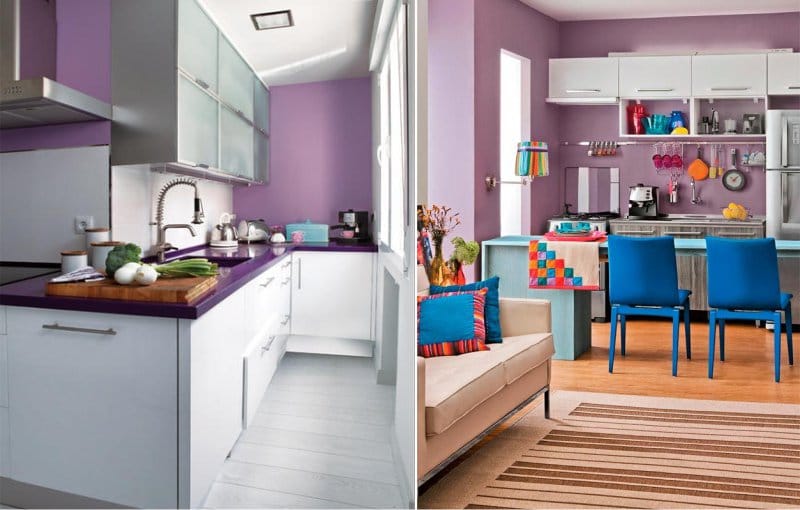 Cozinha com paredes lilás em estilo moderno