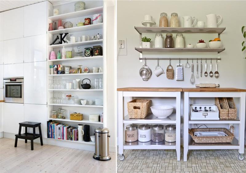 Organização de armazenamento em prateleiras de cozinha