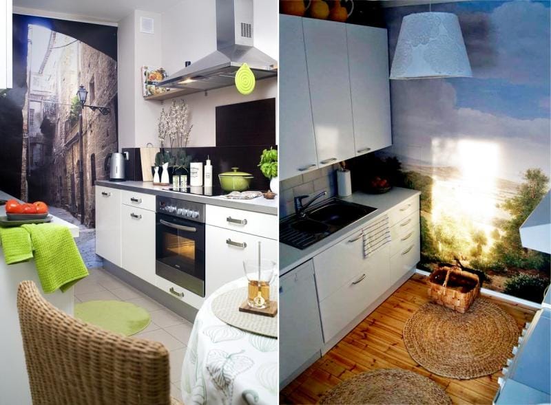 Carta da parati fotografica all'interno di una piccola cucina
